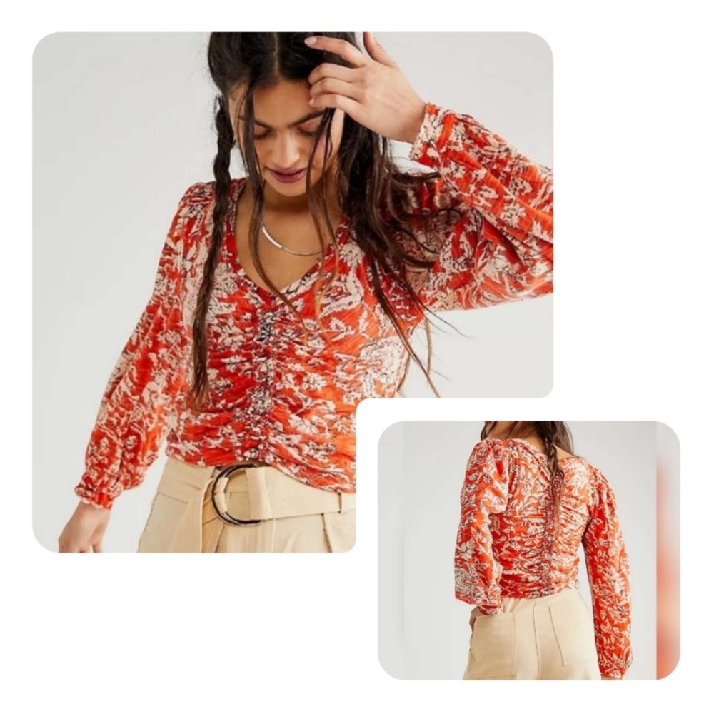 FREE PEOPLE Say the Word Floral Long Sleeve Cropped Top Ruched Detail • Boho Top